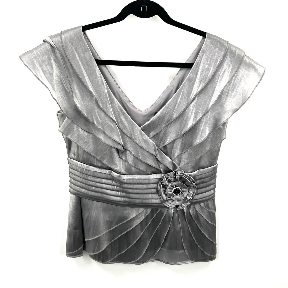 Cachet silver Y2K metallic futuristic ruffle cocktail flower detail fancy top 10